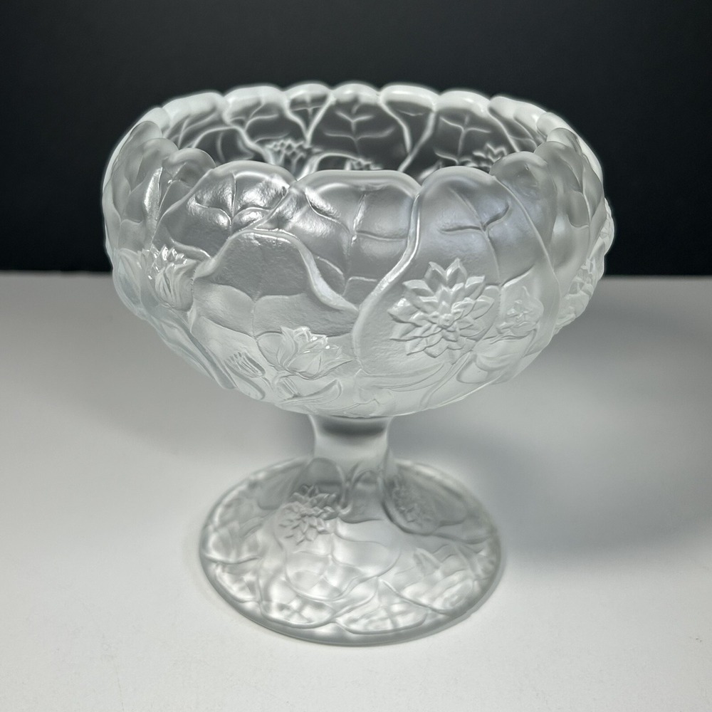 Fenton Candy Bowl Glass Water Lily Cupped Comport  Frosted Satin Crystal 5 1/2"